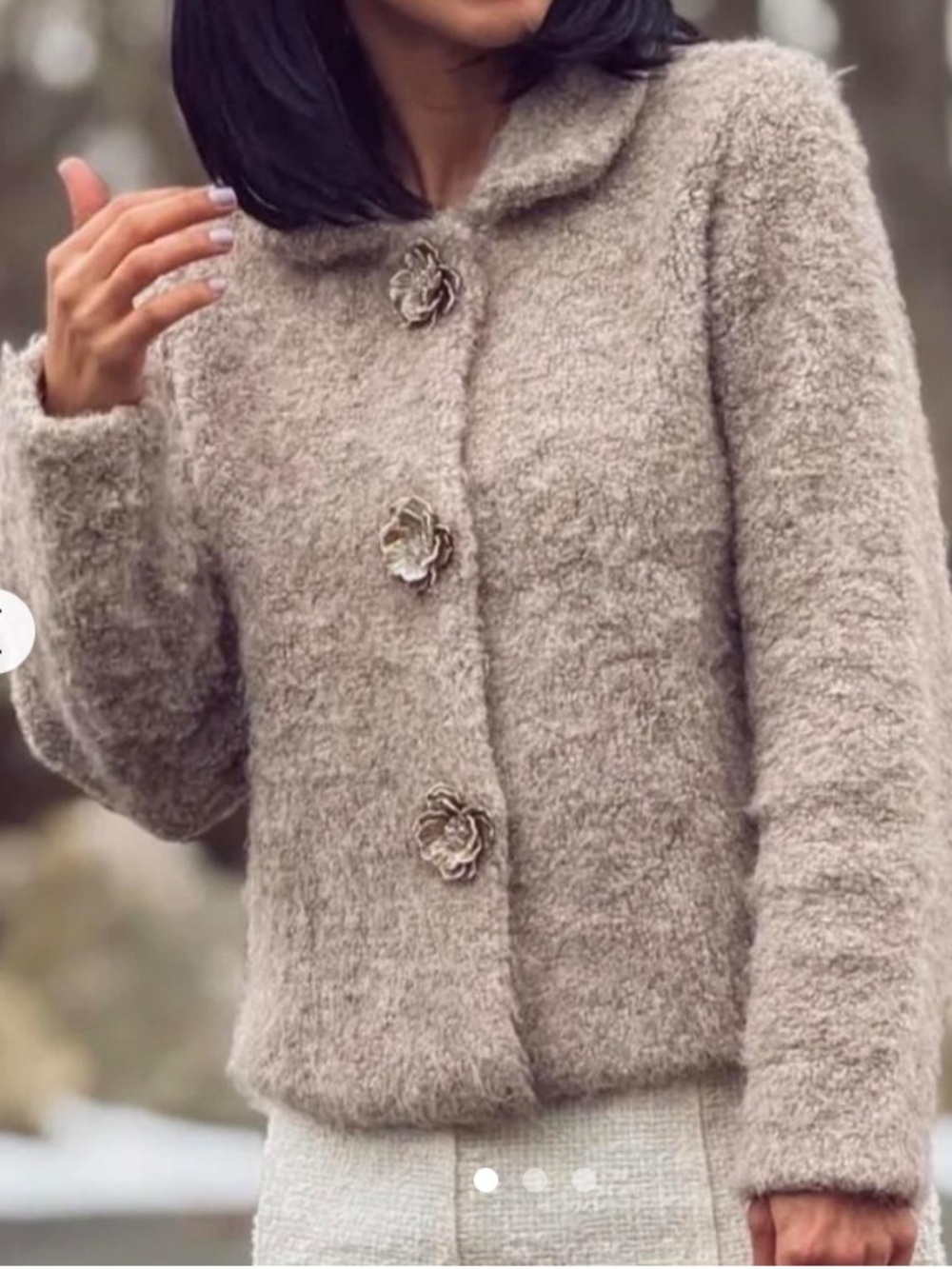 ZARA Womens button front thick fuzzy knit sweater with decorative flower buttons